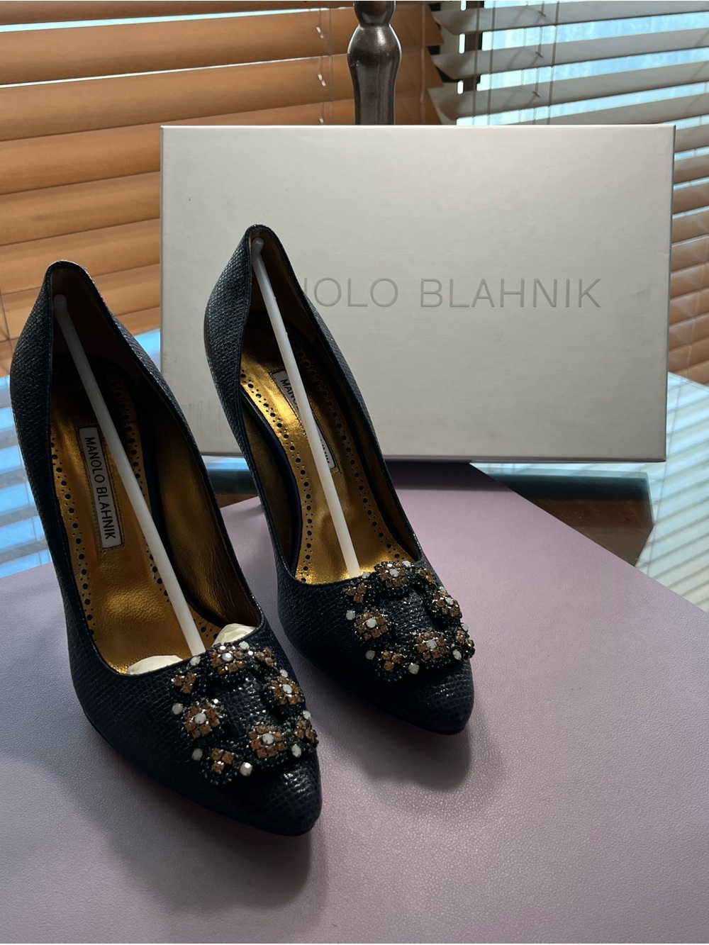 Manolo Blahnik Navy Blue Heels with Beading - Picture 2 of 7